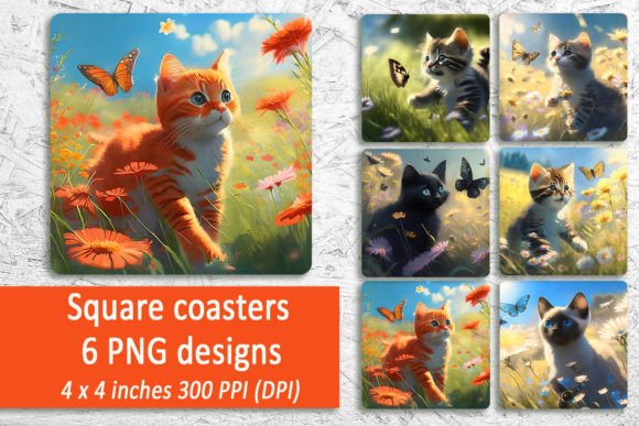 Download Summer Kitty Square Coasters Bundle, Png - Bundle Collection